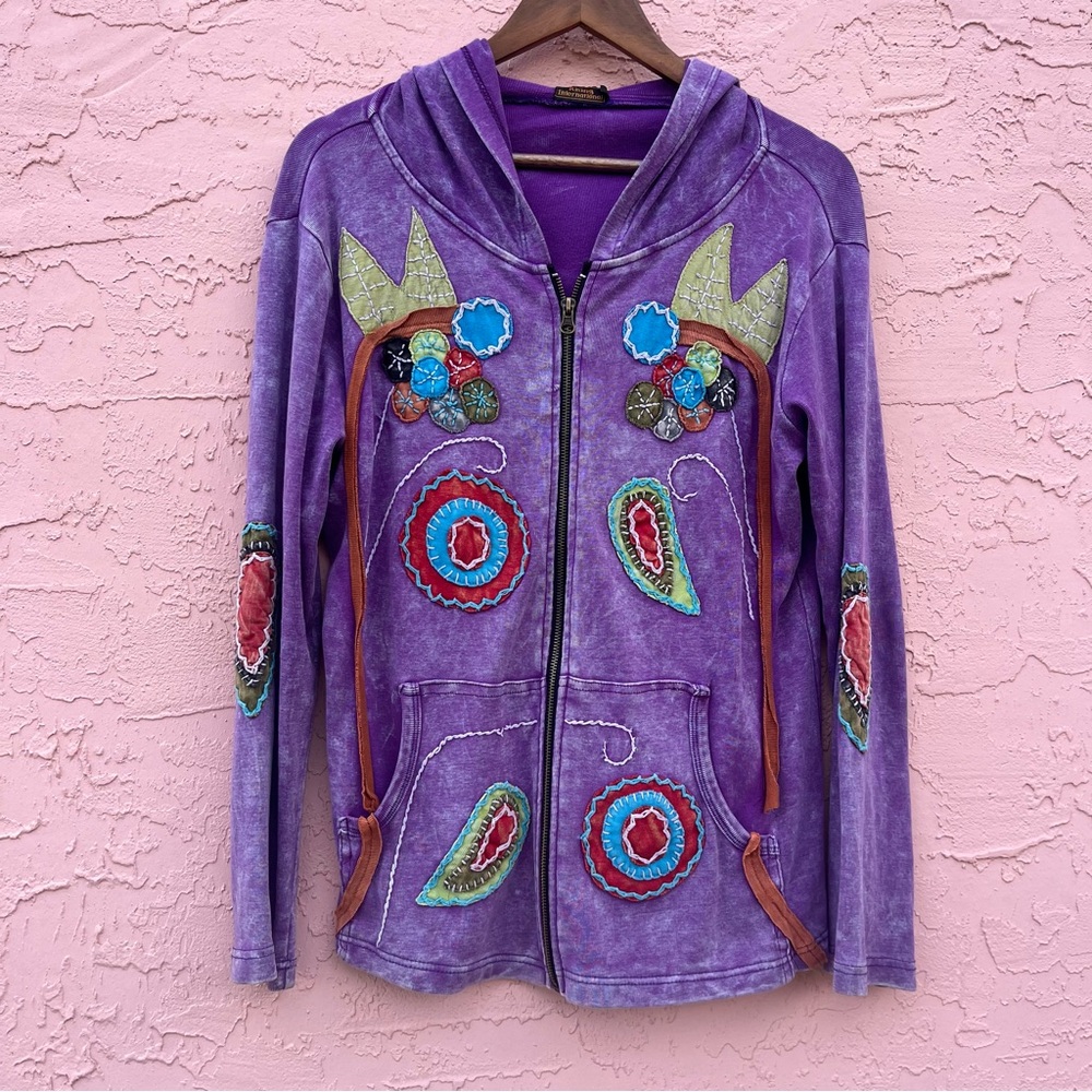 Rising International Embroidered Full Zip Jacket Hood Cotton Purple Faded